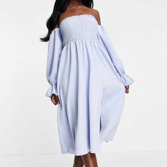 ASOS design shirred bardot blouson sleeve midi prom dress in baby blue - Picture 4 of 5